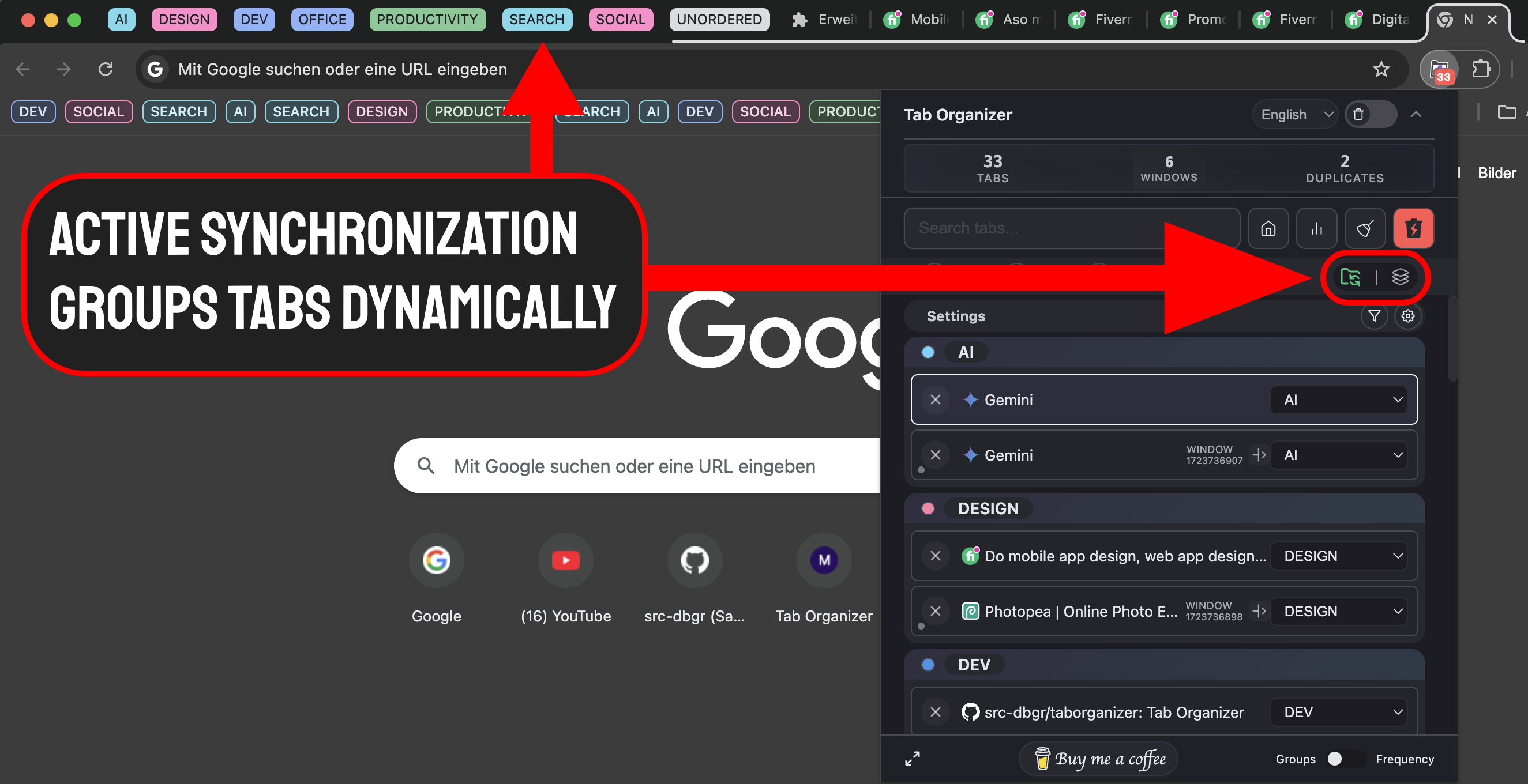 Tab Organizer active sync status indicator