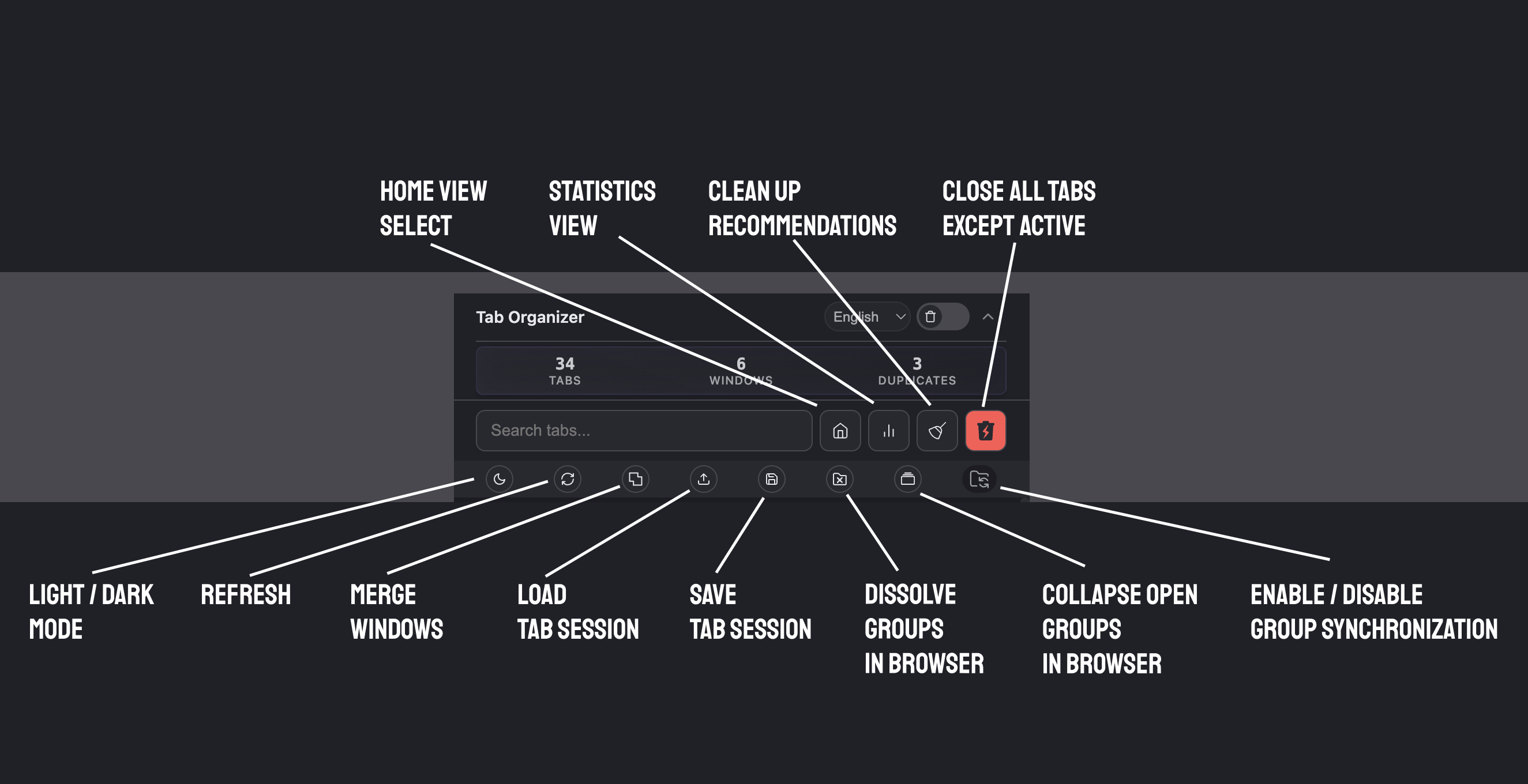 Tab Organizer main action buttons panel