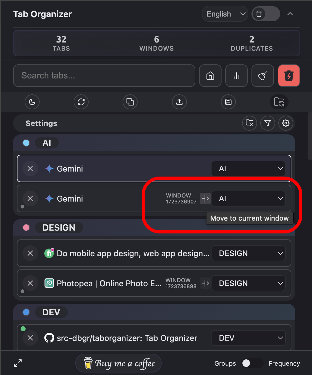 Tab Organizer move selected tabs to new window option